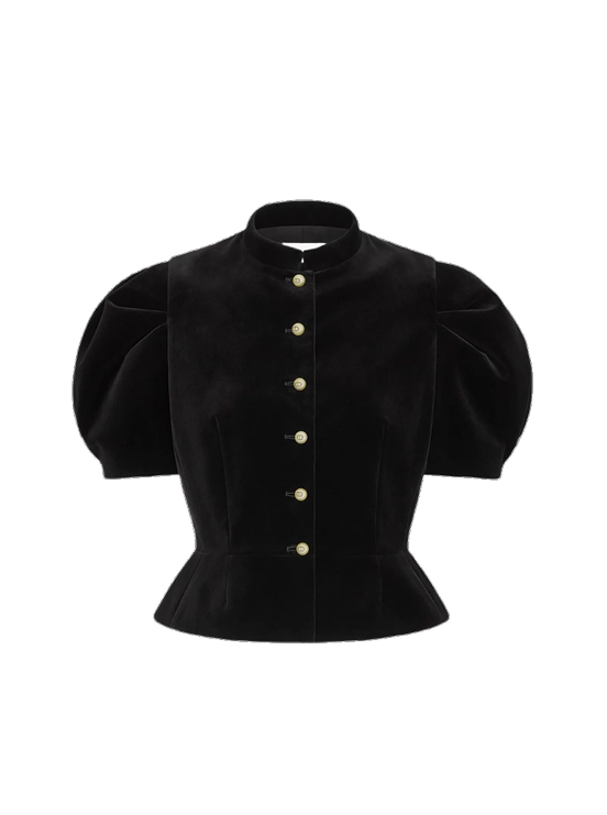 Бархатная приталенная куртка с объемными рукавами